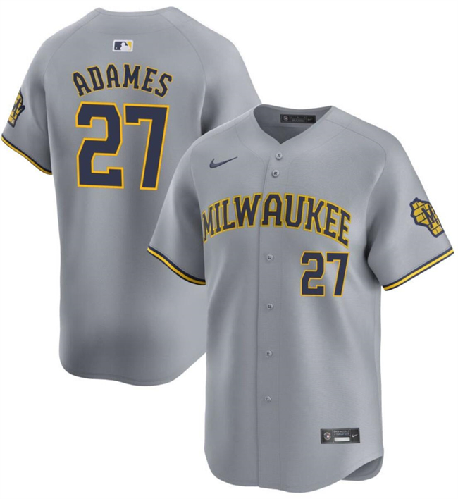 Men's Milwaukee Brewers #27 Willy Adames Gray 2024 Away Limited Stitched Baseball Jersey